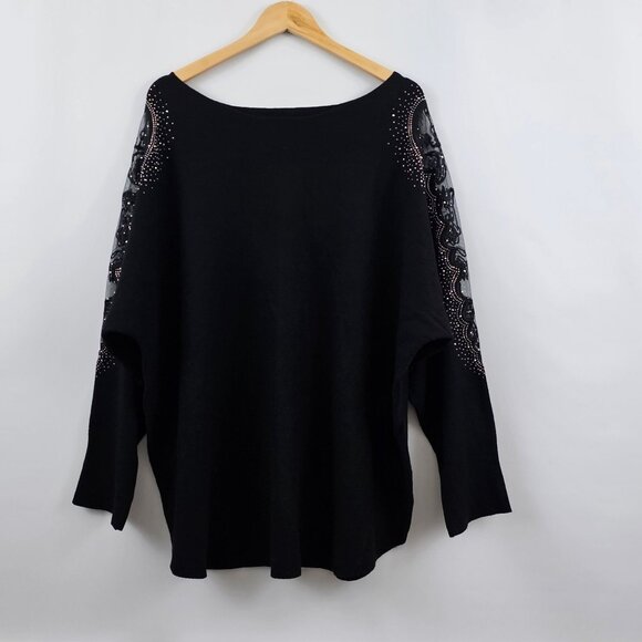 Tahari Black Sweater Rhinestone Sheer Lace Embellished Sleeves Womens 3X Holiday - Picture 8 of 9